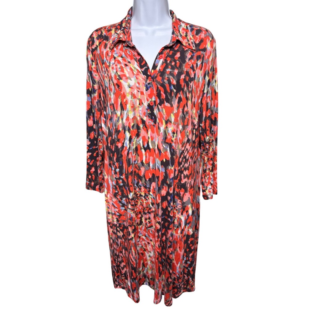 CAbi Womens Red Abstract Animal Print Button Front Tunic Dress Sz M Casual Chic